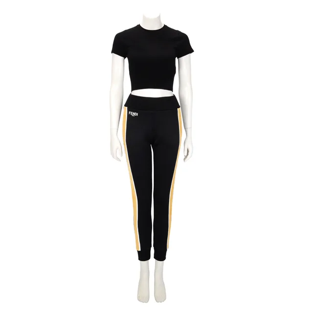 Fendi Jersey & Velvet Logo Track Pants IT 38 in Black & Yellow Velvet from Blue Spinach