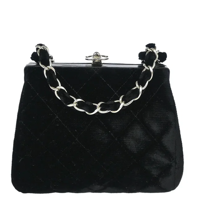 Chanel 1996-1997 Black Velvet Kisslock Chain Shoulder Bag in Black Velvet from AMORE Vintage Tokyo