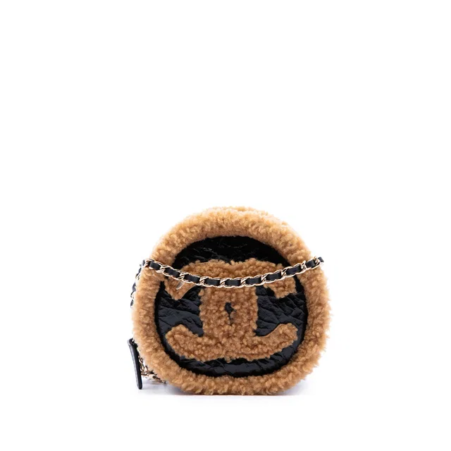 Black Chanel Shearling Trimmed Shiny Crumpled Sheepskin Round Clutch with Chain Crossbody Bag in Black Woven leather from Designer Revival