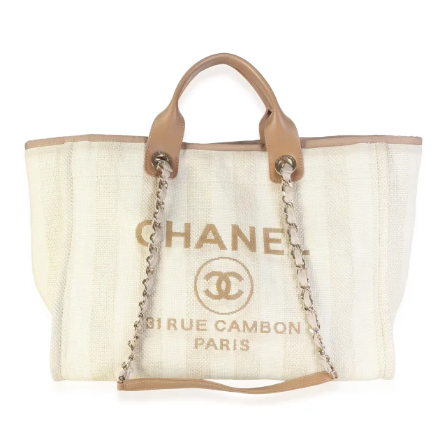 Chanel Striped Mixed Fibers Large Deauville Tote in Beige Canvas from myGemma