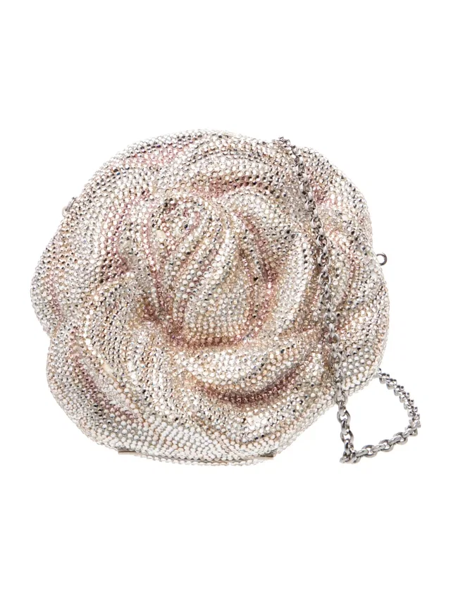 Judith Leiber Crystal Minaudière in pink|silver|gray Satin from The RealReal
