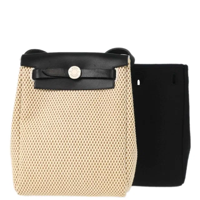 Hermès Black Natural Toile Officier GM Herbag TPM 2 in 1 Shoulder Bag in Black Leather from AMORE Vintage Tokyo
