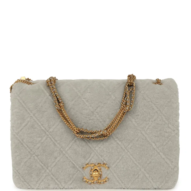 Chanel Medium Flap Bag Grey Shearling Antique Gold Hardware in Grey Lambskin from Madison Avenue Couture