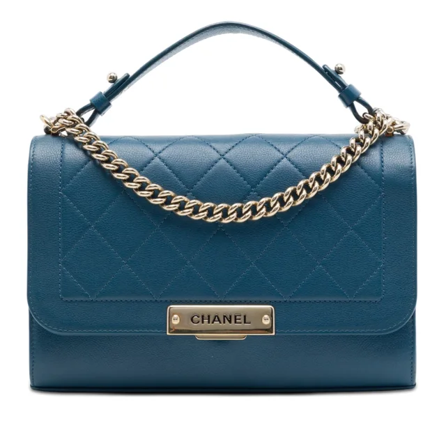 Blue Chanel Medium Quilted Grained Calfskin Label Click Top Handle Flap Satchel in Blue Caviar leather from Designer Revival, photo 1 of 1