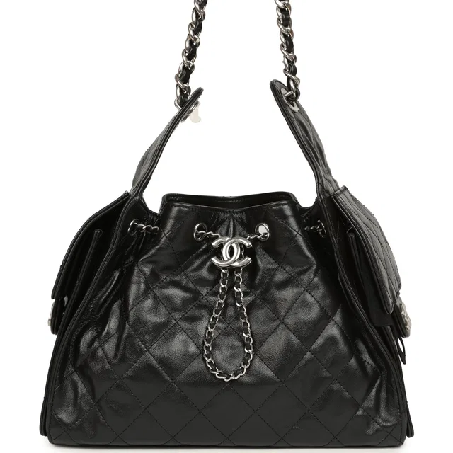 Chanel Small 25 Hobo Bag Black Shiny Aged Crumpled Calfskin Silver Hardware in Black Calfskin from Madison Avenue Couture