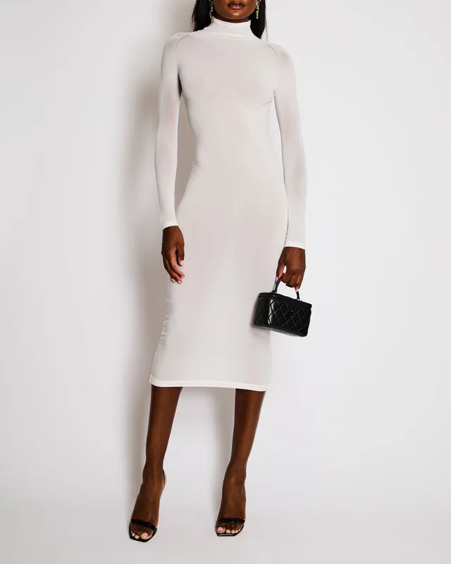 Alaïa White High-Neck Bodycon Maxi Dress Size FR 34 (UK 6) in White Nylon from Sellier