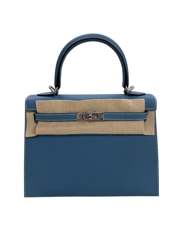 Hermès Kelly 25 Sellier New Blue Jean Epsom PHW #B in Blue Epsom leather from Luxury Promise