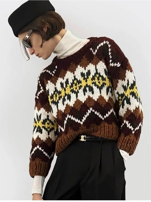 Celine Fair Isle Wool Cropped Sweater Burgundy Yellow M $2600 Current Retail in red|brown|white Wool from Poshmark