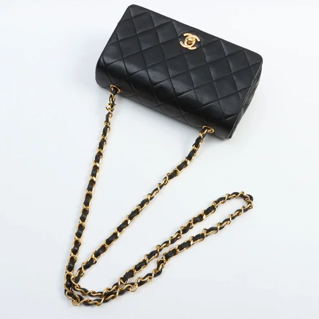 Circa 1990 Chanel CC Mark Plate Full Flap Chain Shoulder Bag Mini Black in Black Lambskin from VINTAGE QOO TOKYO, photo 11 of 11