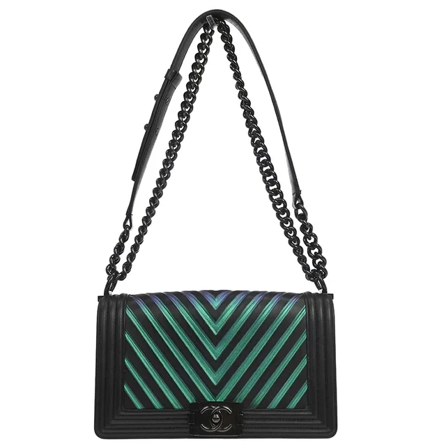 Boy Chanel 2017-2018 Black Calfskin Chevron Medium Shoulder Bag in Black Calfskin from AMORE Vintage Tokyo
