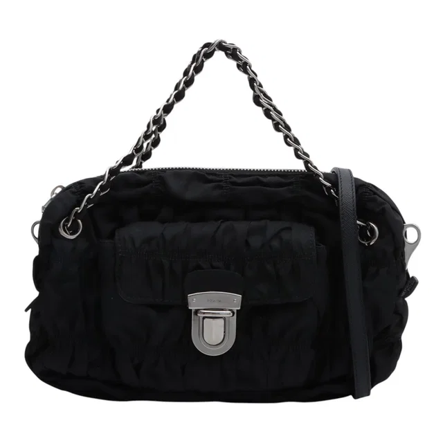 Prada Nylon Logo Plate 2-Way Bag Black in Black Nylon from VINTAGE QOO TOKYO