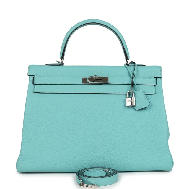 Hermès Kelly Retourne 35 Bleu Atoll Clemence Palladium Hardware in Blue Clemence leather from Madison Avenue Couture