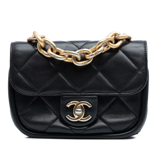 Black Chanel Mini Quilted Lambskin Chain Top Handle Flap Satchel in Black Lambskin from Designer Revival