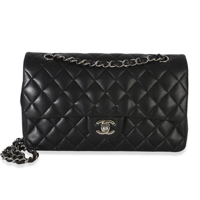 Chanel Black Quilted Lambskin Medium Classic Double Flap Bag Leather Handbag in Black Lambskin from HEWI