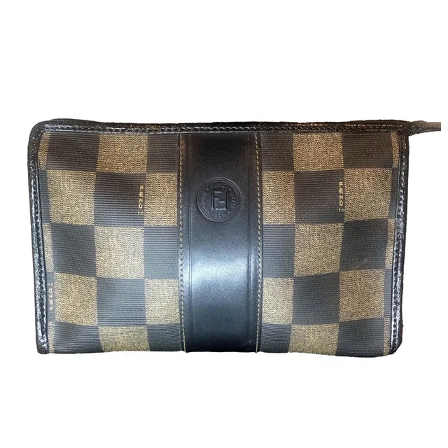 Fendi Vintage Pequin Check Zip Close Makeup Toiletry Bag W Gold Plated Hardware in black|red|brown Coated canvas from Poshmark
