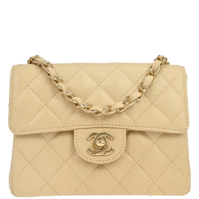 Chanel 2005-2006 Beige Caviar Skin Mini Classic Square Flap Shoulder Bag 17 in Beige Caviar leather from AMORE Vintage Tokyo