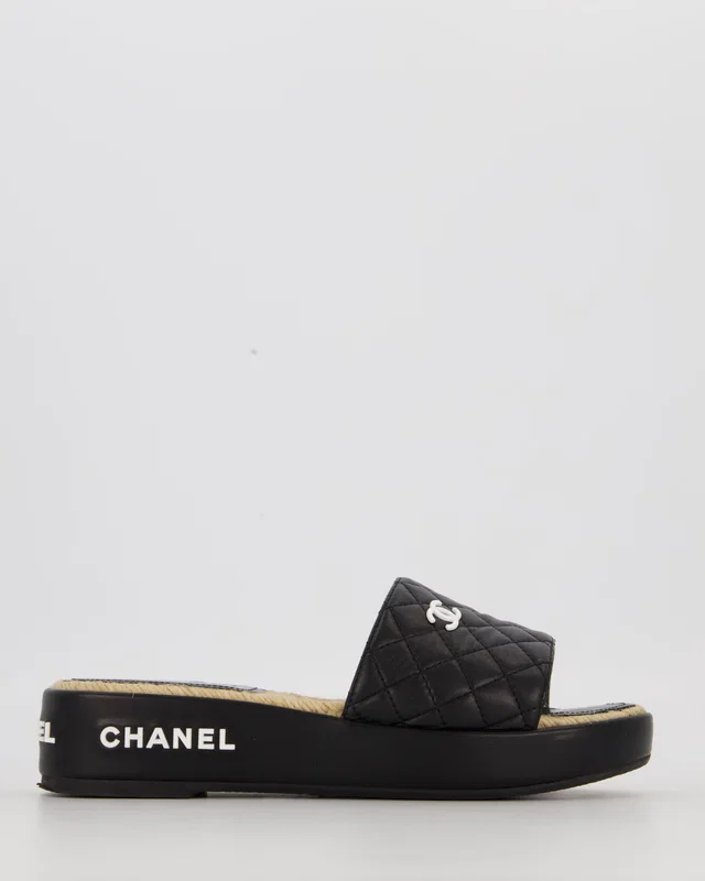 Chanel Quilted Black Lambskin Espadrille Slide Sandals Size EU 39 in Black Lambskin from Sellier