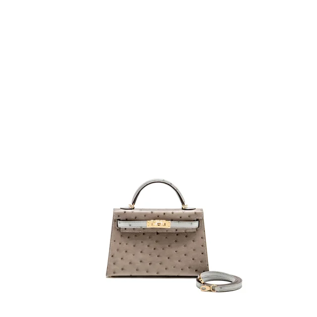 Hermès Mini Kelly II special order ostrich gris tourterelle / blue glacier LGHW stamp K in Blue Ostrich from EMIER