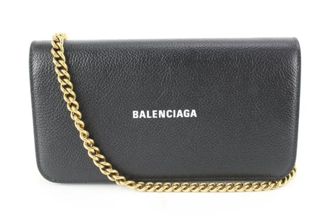 Balenciaga Black Leather Classic Logo Wallet on Chain Gold Chain in Black Leather from Bagriculture