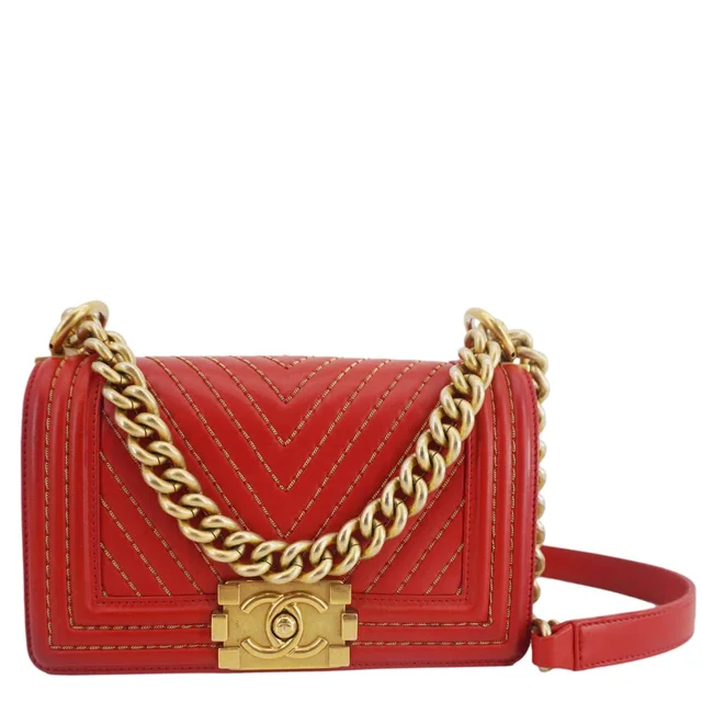 Chanel Boy Flap Small Chevron Leather Shoulder Bag Red in Red Leather from Dallas Designer Handbags