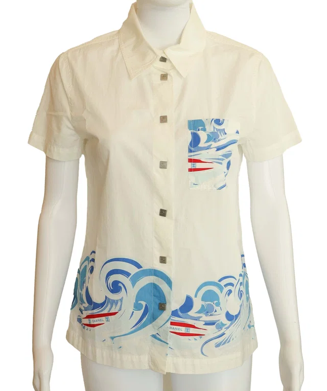 Chanel Sport Sutf Short Sleeve Shirt White Blue in White from Luxury Promise