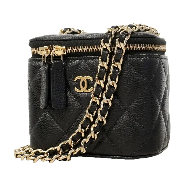 Chanel Vanity Bag Quilted Caviar Leather Black Champagne Gold in Black Caviar leather from The Reluxe