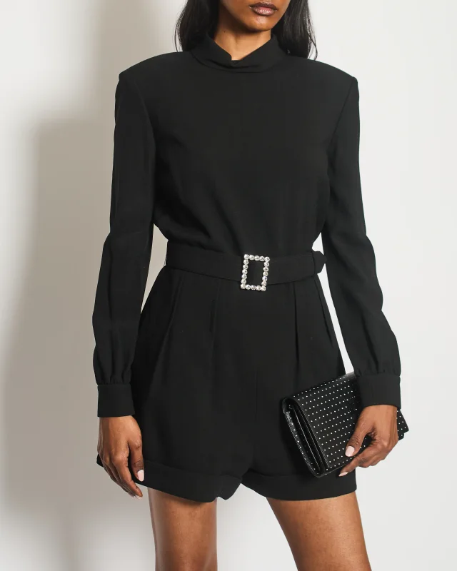 Saint Laurent Black Mid-Neck Long Sleeve Backless Playsuit with Embellished Belt Detail Size FR 40 (UK 12) in Black Silk from Sellier, photo 2 of 4