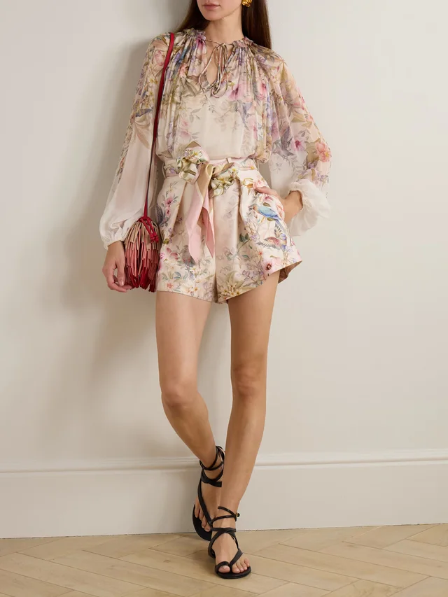 ZIMMERMANN Rebellion Tuck tie-detailed printed silk and cotton-blend shorts in Beige, photo 2 of 2 from NET-A-PORTER (Canada)
