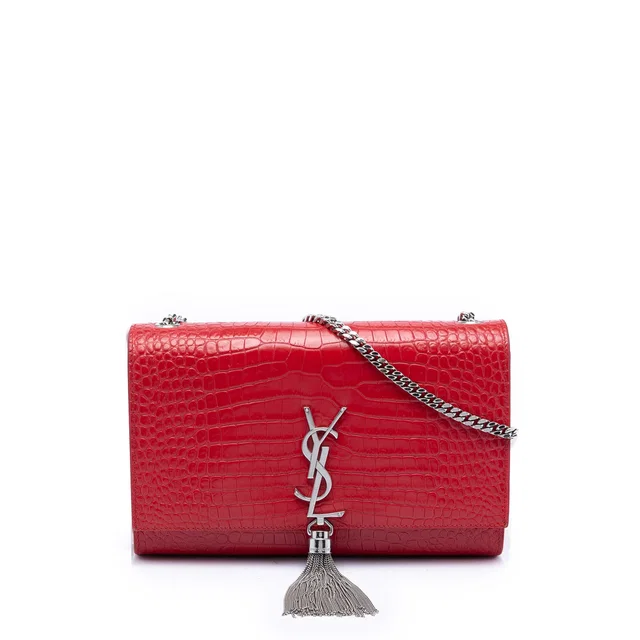 Red Saint Laurent Medium Croc Embossed Leather Kate Tassel Crossbody in Red Crocodile from Designer Revival