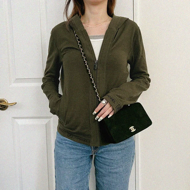 Chanel 2005 Sports Line Logo Print Hoodie #38 Khaki in Green Wool from VINTAGE QOO TOKYO
