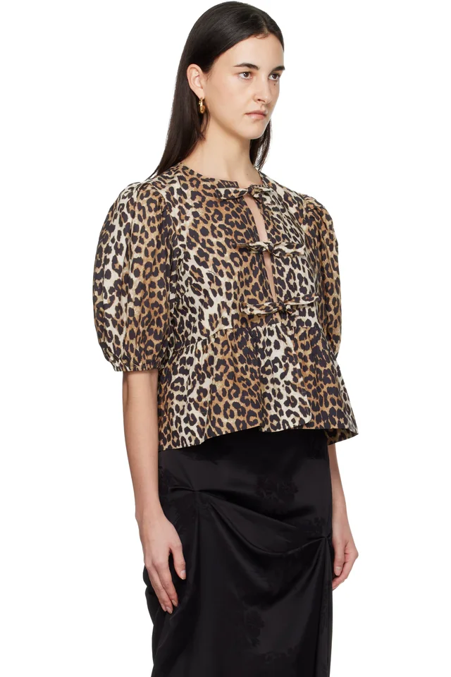 GANNI Tan Leopard Cotton Poplin Peplum Tie Blouse, photo 2 of 4 from SSENSE