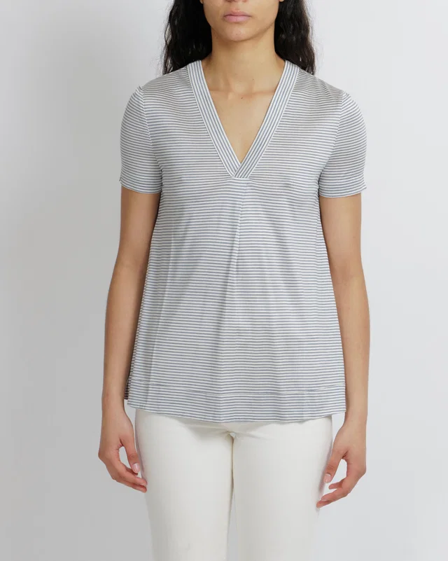 Loro Piana Silk Blue Stripped V-neck Top Size S (UK 8) in Blue Silk from Sellier