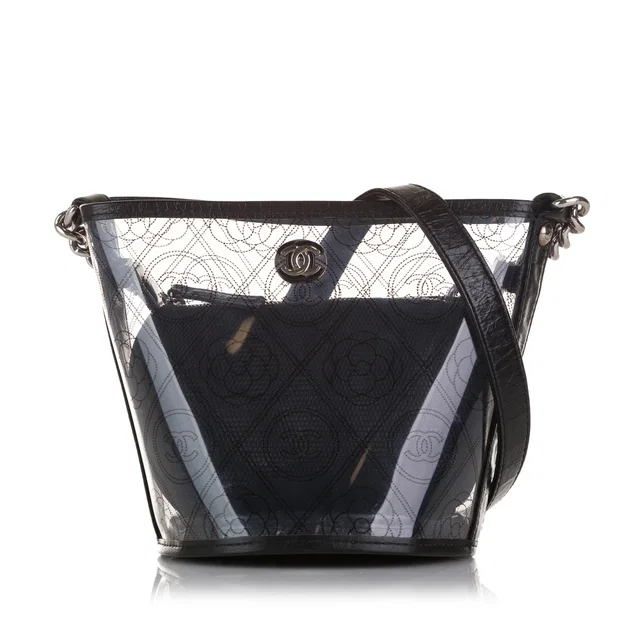 Black Chanel Crumpled Calfskin PVC Camellia Bucket in Black Calfskin from Designer Revival