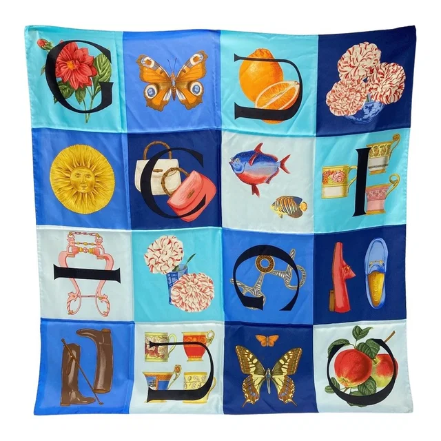 Gucci Panel Vintage Scarf Multicolor Blue 100% Silk in Blue Silk from The Reluxe