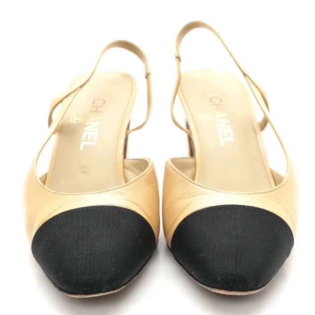 Chanel Grosgrain Cap Toe CC Slingback Pumps 38.5 Beige Black in Black Goatskin from FASHIONPHILE, photo 3 of 9