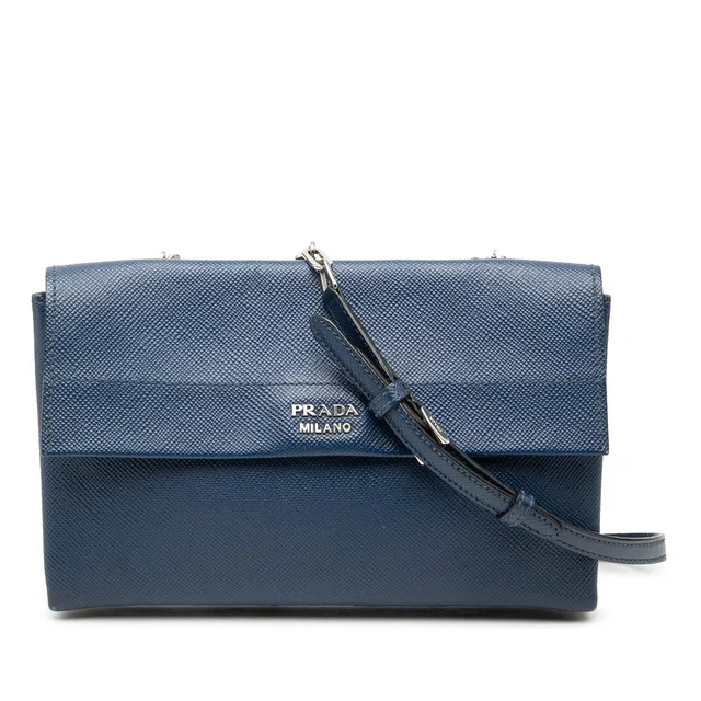 Blue Prada Saffiano Leather Double Turnlock Crossbody in Blue Saffiano leather from Designer Revival