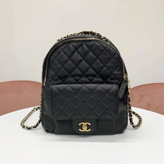 Chanel Quilted Caviar Leather CC Logo Turnlock Backpack in Caviar leather from The Reluxe