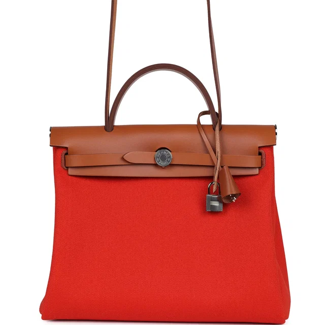 Hermès Herbag Zip PM 31 Capucine Toile Militaire & Fauve Vache Hunter Palladium Hardware in Canvas from Madison Avenue Couture