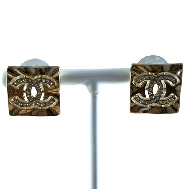 Chanel Earrings CC Logo Square Rhinestone Champagne Gold in Gold from The Reluxe