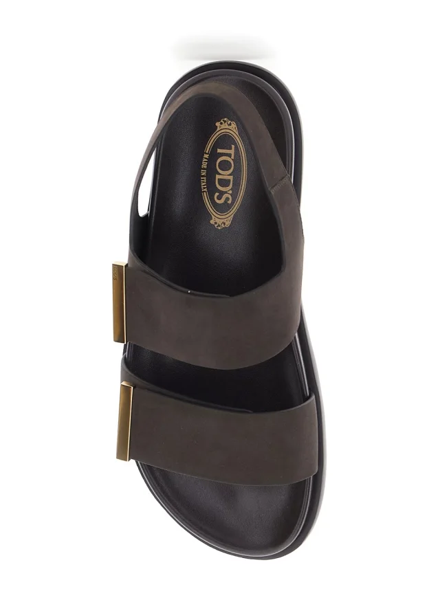 TOD'S Brown Sandals with Banded Design and Metallic Details Logo in Leather Woman in Brown 100% Calf, photo 7 of 8 from Gaudenzi Boutique