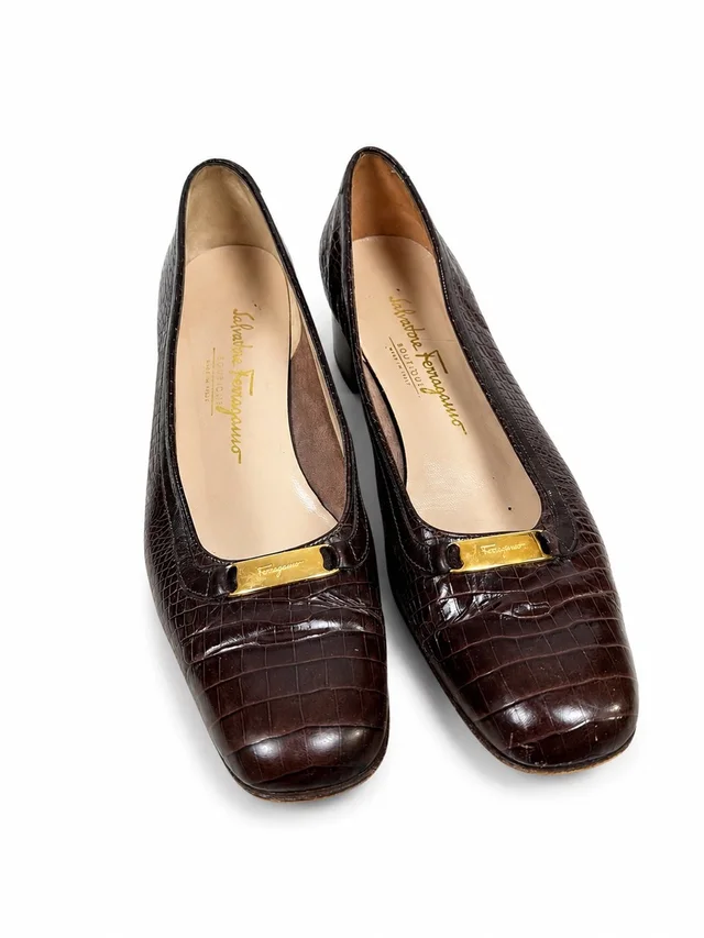 Ferragamo Brown Croc-Embossed Leather Flats With Gold Plaque in brown|red Crocodile from Poshmark, photo 1 of 1