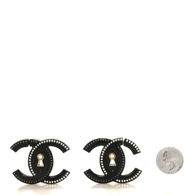 Chanel Metal Resin Crystal Pearl CC Hoop Earrings Gold Black in Black Resin from FASHIONPHILE, photo 2 of 4