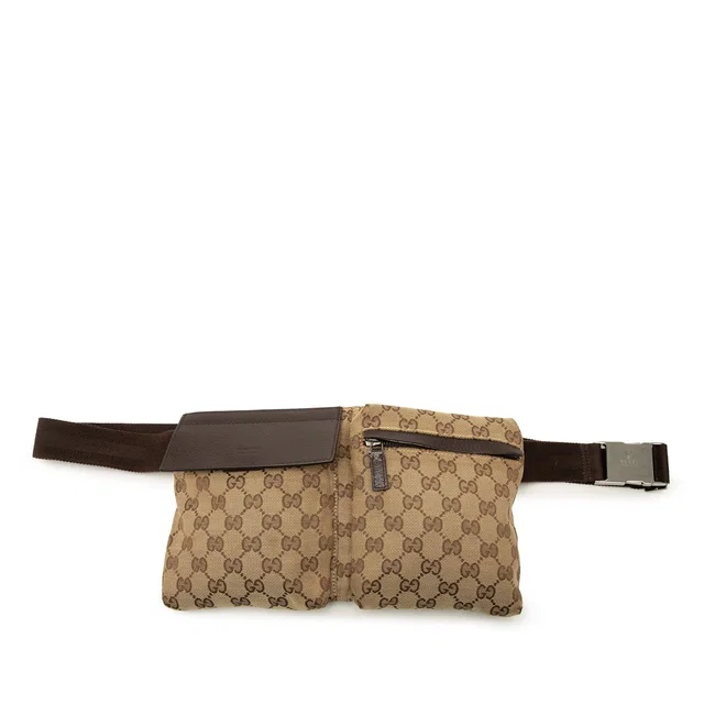 Beige Gucci GG Canvas Double Pocket Belt Bag in Beige Canvas from Designer Revival