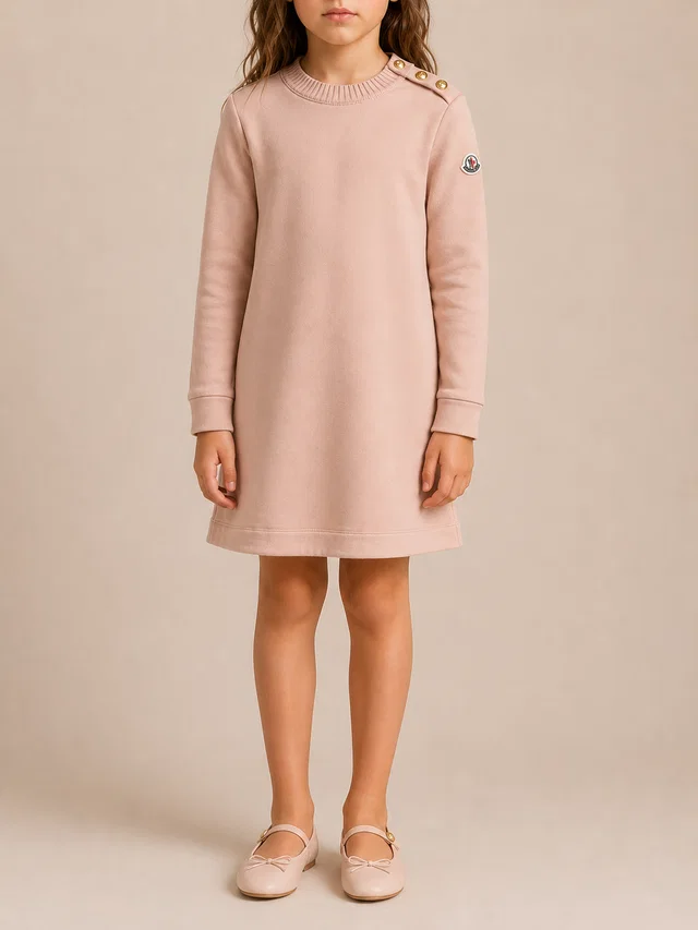 Moncler Kids Pink Sweater Dress with Gold Buttons and Logo Sleeve Detail Size 10 years in Pink from Sellier