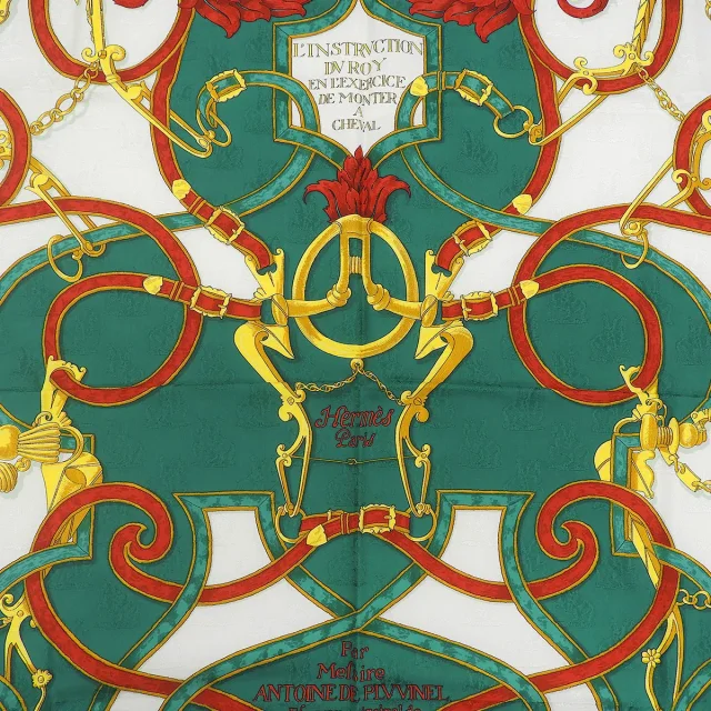 Hermès Kare 90 Linstruction du roy Patterned scarf green/white from VINTAGE QOO TOKYO, photo 6 of 10