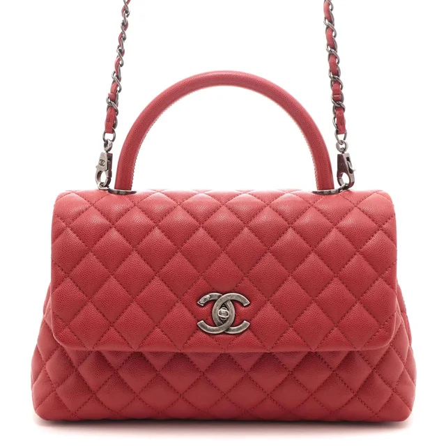 Chanel Quilted Top Handle Flap Bag Large Red Silver Handbag Caviar Leather in Red Caviar leather from The Reluxe