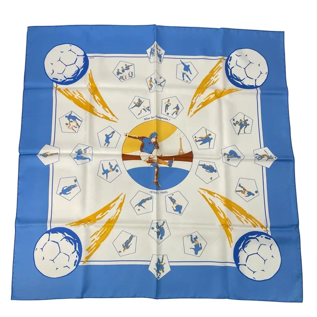Hermès Scarf Silk Carre 90 Vive Les Champions! Viva Soccer Blue in Blue Silk from The Reluxe
