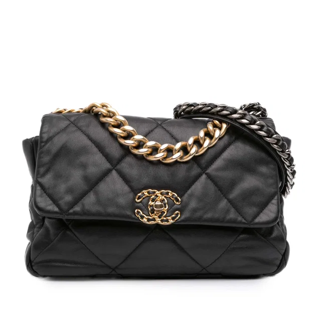 Black Chanel Large Lambskin 19 Flap Satchel in Black Lambskin from Designer Revival