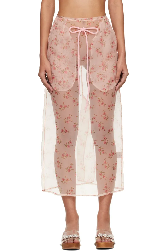 Simone Rocha Pink Sheer Frayed Column Pencil Midi Skirt, image 1 of 1 from SSENSE