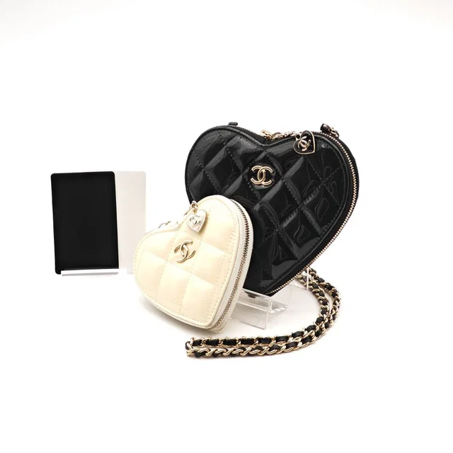 Chanel Patent Mini Bag Heart Pouch Black White in Black Patent leather from The Reluxe
